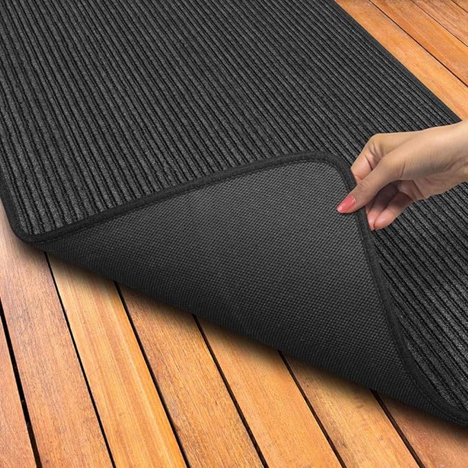 House, Home and More Indoor Outdoor Double-Ribbed Carpet Runner with Skid-Resistant Rubber Backing - Smokey Black - 4 Feet x 25 Feet