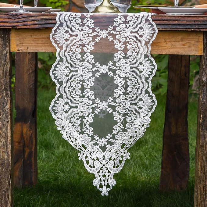 ARTABLE Rectangle Table Runner Lace Macrame Embroidered Table Runners with Exquisite Vintage Shabby Chic for Holiday Wedding Long Dinner Tables (White, 12 x 48 Inch)