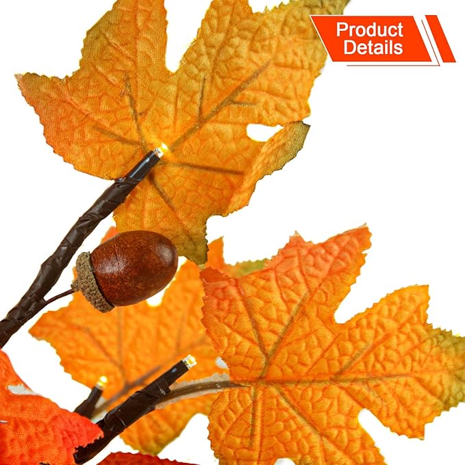 24 Inch Lighted Maple Tree with 36 Lights, 6 Acorn, Timer Battery Operated Tabletop Artificial Fall Tree for Thanksgiving Harvest Home Decor, Fall Table Centerpiece Decorations