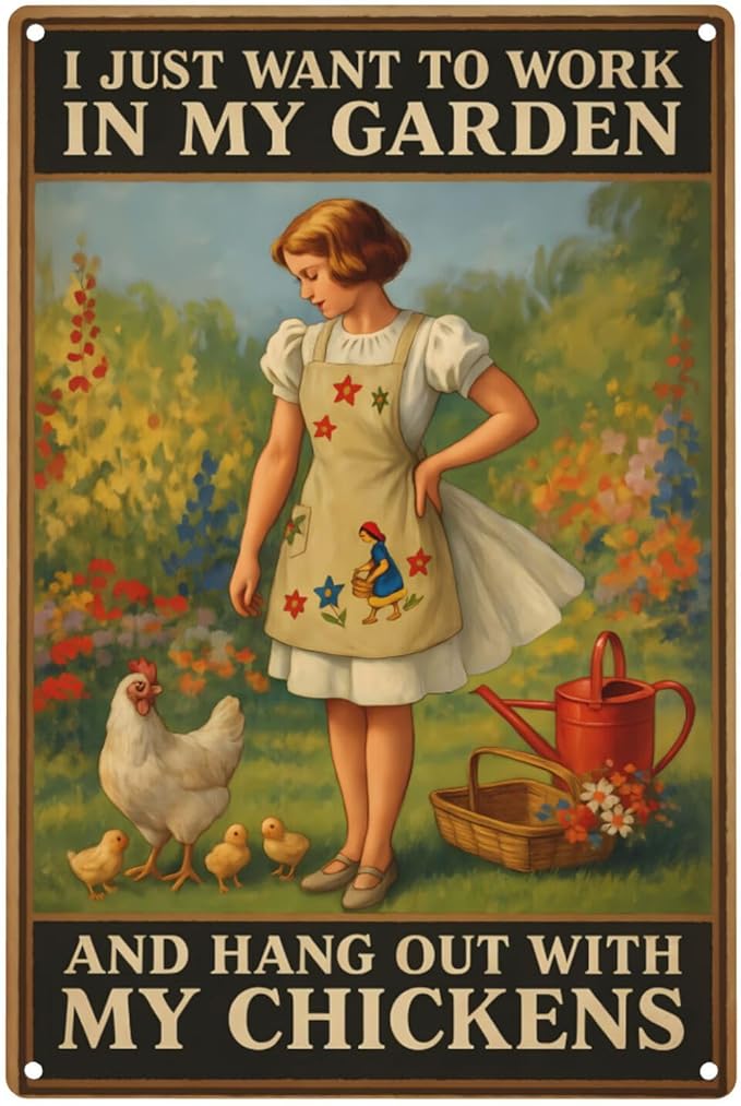 Funny Garden & Chicken Coop Sign - "I Just Want to Work in My Garden and Hang Out with My Chickens" Rustic Metal Wall Decor for Farmhouse, Backyard