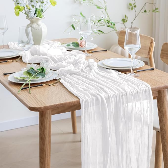 Asee'm 12pcs Cheesecloth Table Runner 120 Inches Long Ivory Boho Gauze Cheese Cloth Runner 10FT Rustic Sheer Table Runners for Christmas Wedding Party Baby Shower Spring Easter Decoration