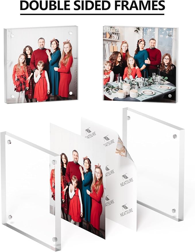 4x4 Acrylic Picture Frame 1 Pack, Clear Freestanding Double Sided Frameless Magnetic Photo Frames, Desktop Display Decor Gift