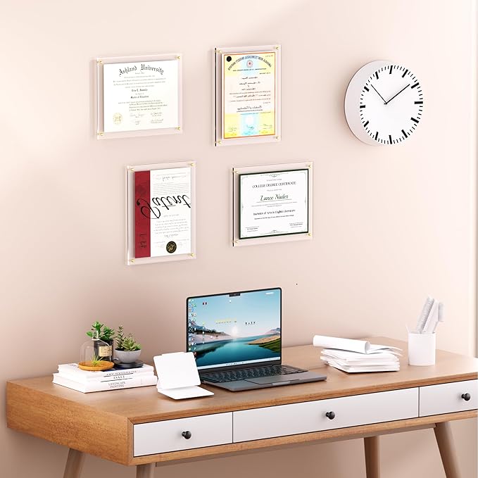 Acrylic Picture Frame for Wall, Clear Diploma Frame, No Drill Floating Frameless Photo Frame for Diploma Certificate Degree Document & Artworks Display, Graduation Gift for Students (1 Pack, 8.5X11 Straight edge)