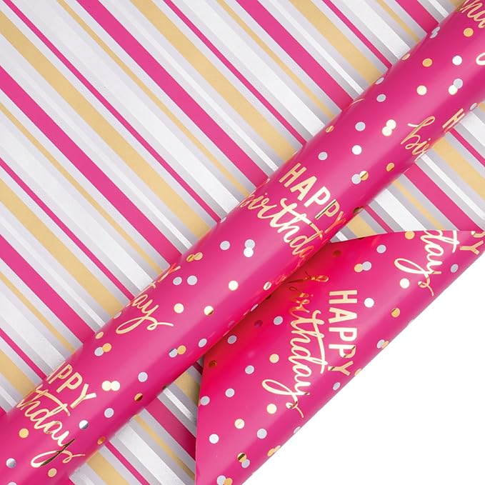 LeZakaa Reversible Pink Birthday Wrapping Paper Roll for Girls Women, Happy Birthday Lettering & Stripe Pattern with Metallic Foil in Rose Pink, Mini Roll, 17 inches x 32.8 Feet (46.45 sq.ft.)
