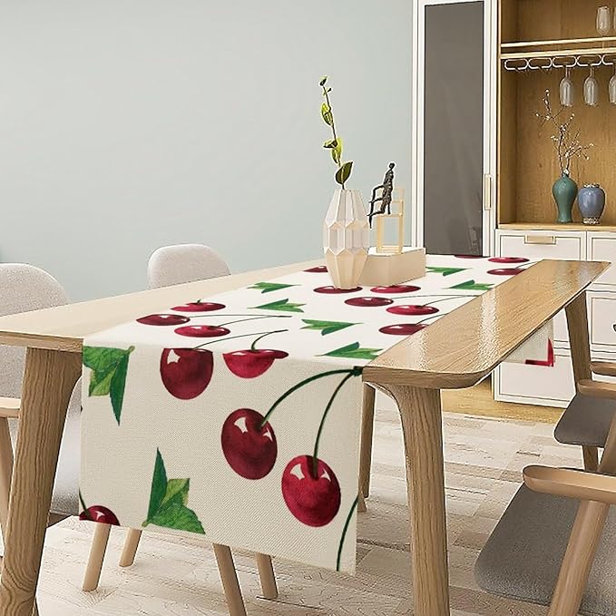 Red Cherry Table Runner Watercolor Tropical Fruit Spring Summer Wild Berry Dinner Runner for Girl Baby Party Holiday Home Kitchen Dining Table Decor 13x120