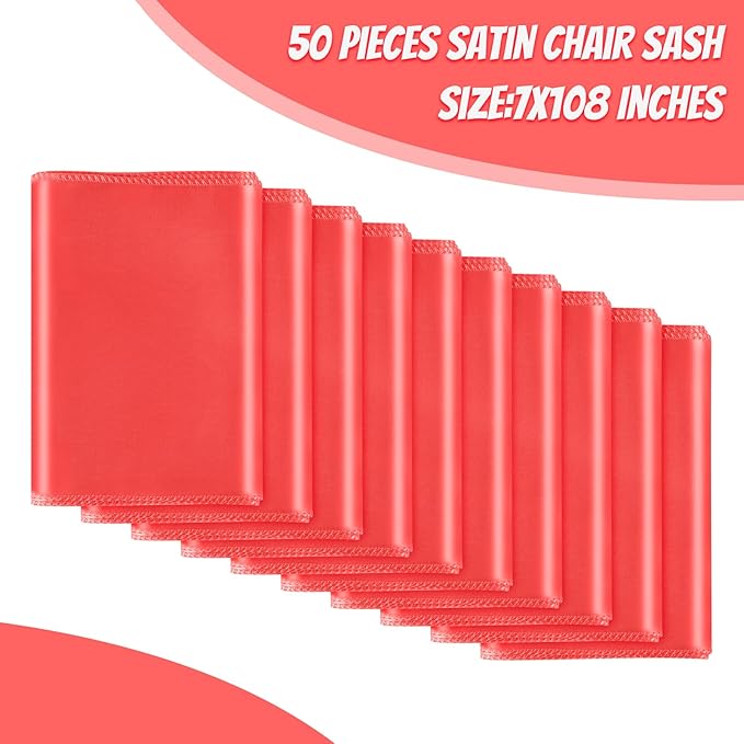 50 PCS Red Satin Chair Sashes Bows Universal Chair Ribbon Ties Back Sash for Wedding Party Reception Events Banquets Hotel Event Chair Cover Decoration (7x108 inch)