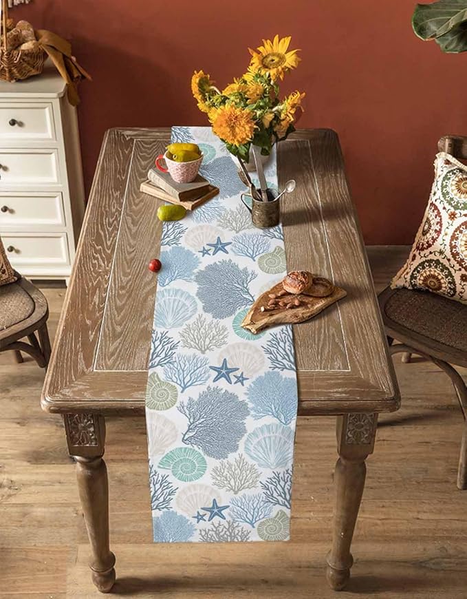 Coastal Coral Cotton Linen Table Runner for Dining Kitchen, Wedding Outdoor Party Tablerunners Decoration, Blue Nautical Starfish Ocean Shell Beach Dresser Scarf Coffee Tablecloth Runners 13x90 Inches