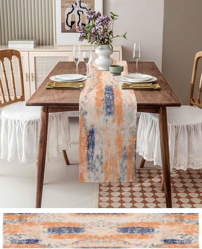 Vintage Oil Painted Cotton Linen Table Runner for Dining Kitchen, Wedding Outdoor Party Tablerunners Decoration, Abstract Modern Orange Minimalist Dresser Scarf Coffee Tablecloth Runners 13x90 Inches