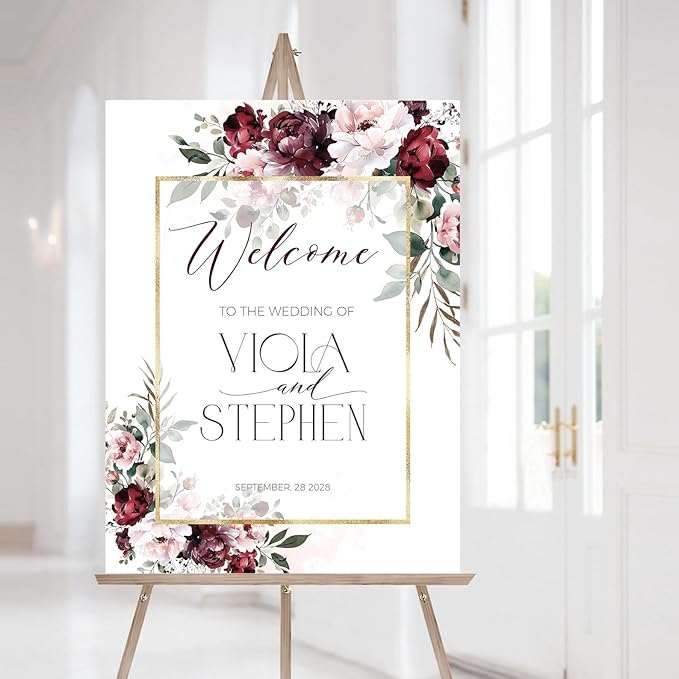 Welcome Wedding Sign Personalized, Burgundy Gold Dusty Pink Wedding Sign Decorations Signage 12" X 18" (Small), 27" (Medium), 36" (Large), Plastic, Modern, Pole Mount, Weather