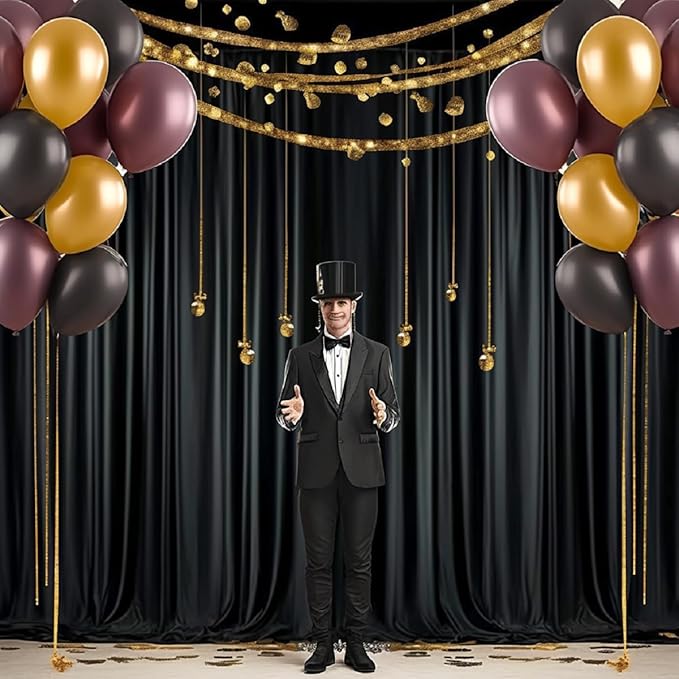 50 ft x 10 ft Wrinkle Free Black Backdrop Curtain for Parties, 10 Panels Polyester Black Photo Backdrop Drapes for Graduation Birthday Wedding Party Stage Curtains, Thick Bulk Background Curtains