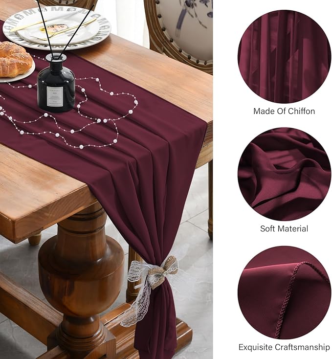 2 Pack 10 Ft Chiffon Table Runner Burgundy Gauze Long Table Runners 27x120 Inches Sheer Tulle Table Runner for Rustic Wedding Reception Bridal Shower Decorations Birthday Party
