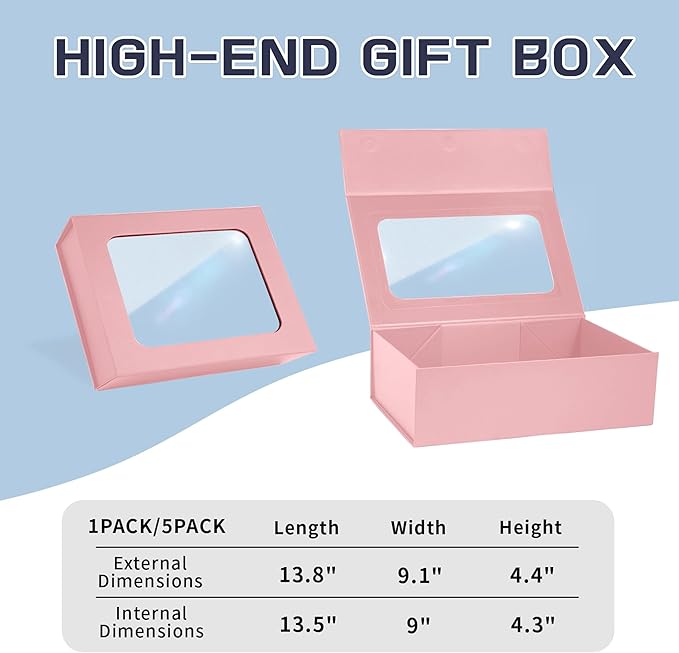 Pink Large Gift Boxes with Window, 13.5"x9"x4.3" Bridesmaid Boxe for Gift Giving,Birthday Gift Box with Magnetic,Closure Lid Gift Boxes for Presents,Cute Boxe,Luxury for Gift Packaging,Gift Box for Wrapping Gifts