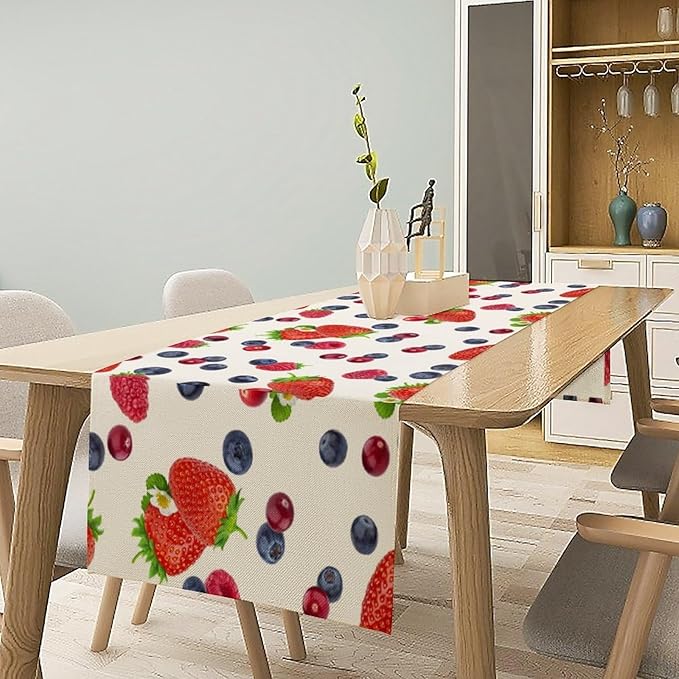 Strawberry Table Runner Spring Summer Fruit Wild Berry Forest Garden Dinner Runner for Farmhouse Party Holiday Home Kitchen Dining Table Decor 13x36