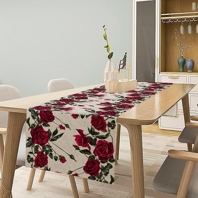 Rose Table Runner, Retro Red Rose Flowers Green Leaves Valentine's Day Kitchen Dinning Table Runner for Indoor Outdoor Home Wedding Party Holiday, 13x36 Inch