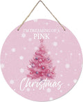 CGBHW Pink Christmas Tree Wooden Sign, Winter Holiday Theme Hanging Sign Wall Decor for Girls Room Home College, Aesthetic Christmas Xmas Snowflake Door Decor 12 x 6 Inch