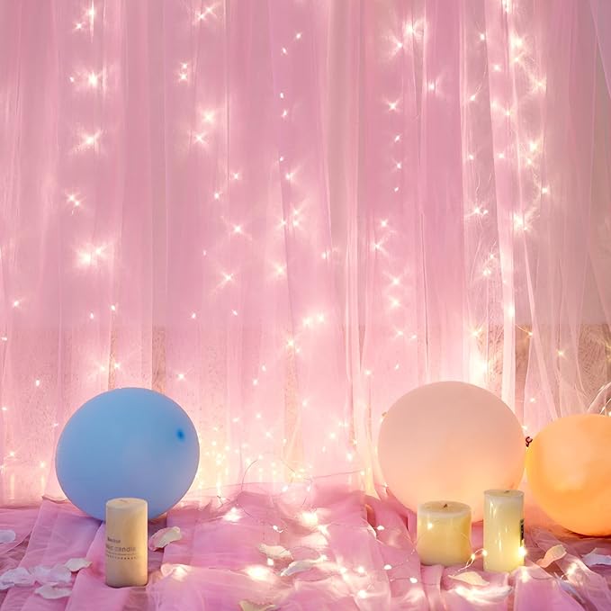 20ft x 10ft Pink Tulle Photo Backdrop Curtain with Lights String for Baby Shower Sheer Baby Pink Curtain Backdrop for Birthday Party Wedding Photo Booth Photography Background Decorations