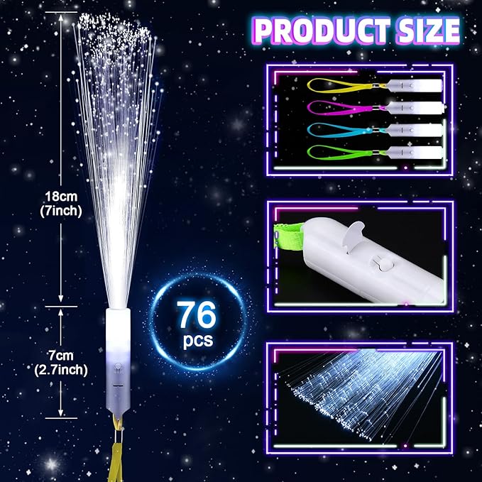 76 PCS White Fiber Optic Sticks, LED Fiber Wands, Fiber Optic Wand with 3 Light Modes, Glow in the Dark Party Supplies, Wedding Party Supplies, for Wedding, New Year, Birthday, Carnival