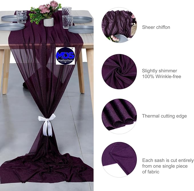 MDS Halloween Chiffon Table Runner - 20 Pack, 29 x 170 Inches, 14ft Each - Sheer Spooky Table Runners for Haunted House Parties, Trick-or-Treat Tables, Witchy Décor, Wedding & Events - Eggplant