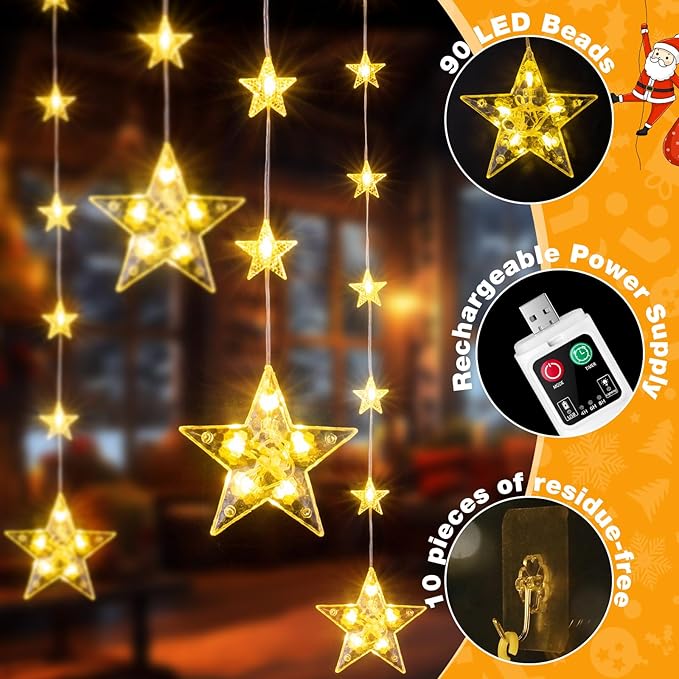 Rechargeable Stars Christmas Window Lights, IP65 Waterproof 90 LEDs 54 Stars Hanging Curtain Lights with 3 Timer Modes, Warm White Christmas Star Decoration for Indoor Outdoor Xmas Home Party Decor
