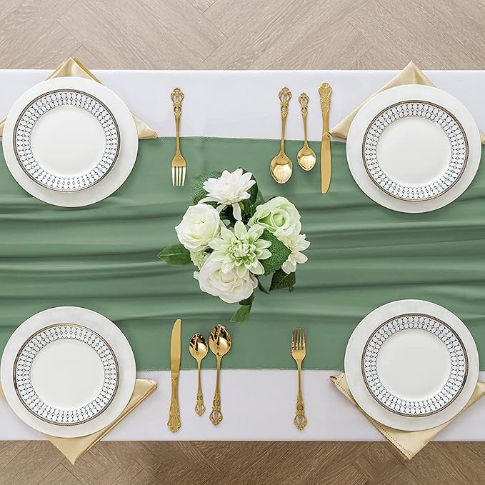 2 Pack 10 Ft Chiffon Table Runner Sage Green Gauze Long Table Runners 27x120 Inches Sheer Tulle Table Runner for Rustic Wedding Reception Bridal Shower Decorations Birthday Party