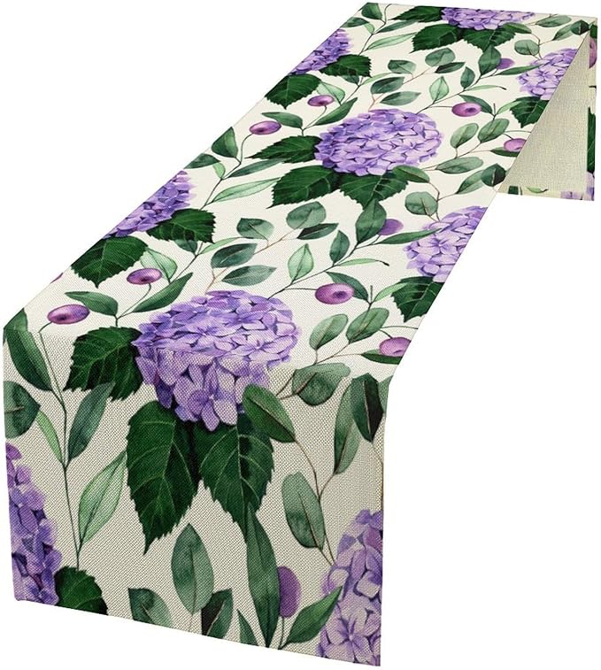 Spring Hydrangea Flower Table Runner, Seasonal Summer Plants Eucalyptus Leaves Purple Florals Dinner Runner for Home Kitchen Dining Table Party Holiday Decoration 13"x60"