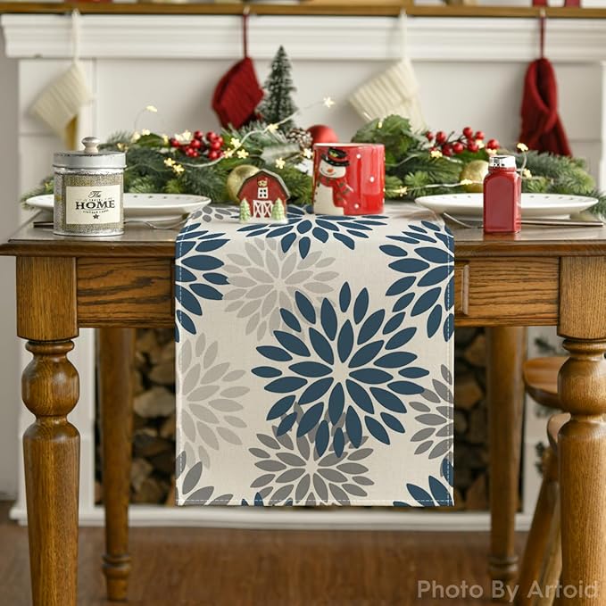 Artoid Mode Dahlia Aqua Floral Pinnata Flower Summer Table Runner, Seasonal Winter Holiday Kitchen Dining Table Decoration for Home Party Decor 13x72 Inch