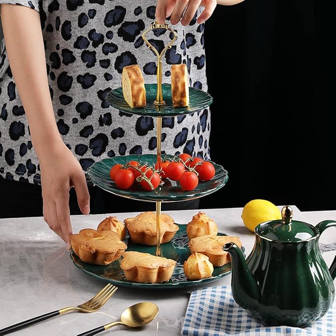 Sweejar 3 Tier Ceramic Cake Stand Wedding, Dessert Cupcake Stand for Tea Party Serving Platter (Jade)