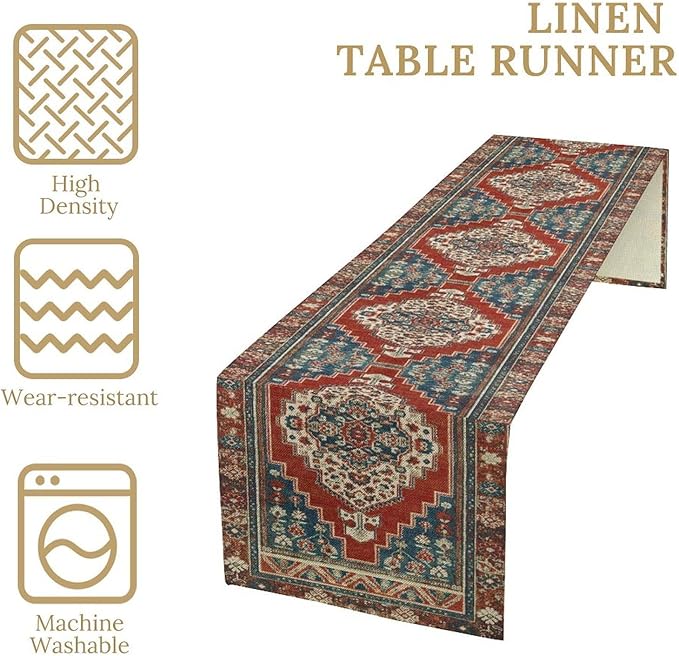 Boho Floral Vintage Table Runner, Red Blue Retro Flower Rustic Country Farmhouse Pattern for Home Kitchen Table Decor Dining Coffee Room Party Decor 13x72in