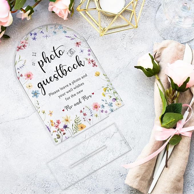 Wedding Sign Decor, Photo Guest Book Sign, Arch Acrylic Wedding Sign for Reception & Event, Bridal Shower Decorations, Wedding Table Sign Accessories for Anniversary And Event 5x7 Inch (Flower)
