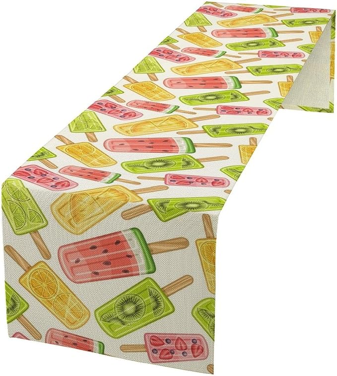 Ce Cream Table Runner, Cold Fruity Popsicles Summer Sweet Seasonal Dinner Runner for Party Holiday Home Kitchen Dining Table Decor 13"x36"