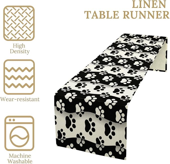 Dog Paw Table Runner,Kid Cute Animal Footprint Black White Theme Design Print Tablecloth Burlap for Hotel Indoors Outdoor Dining Room Kitchen Home Decor,W13X L90 in