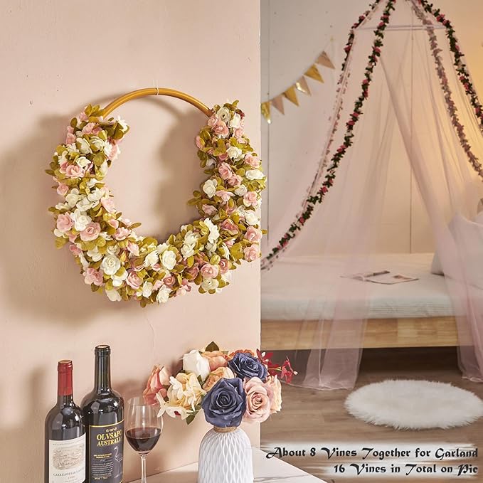 8 Pcs x 8.2 ft Flower Garland Artificial Rose Vine Flowers with Green Leaves Hanging Fake Roses Vine for Room Party Home Wedding Birthday Christmas Wall Arch Decor, Pink White Flower