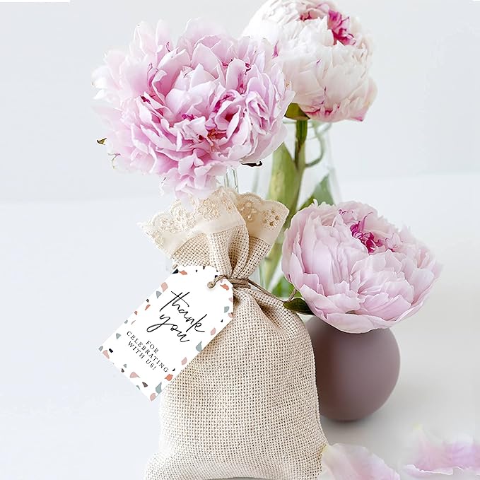 Andaz Press 100-Pack Thank You for Celebrating with Us Favor Tags Terrazzo Cardstock Gift Tags with Bakers Twine for Wedding Baby Shower Bridal Shower Birthday Party Favors 2 x 3.75-Inches