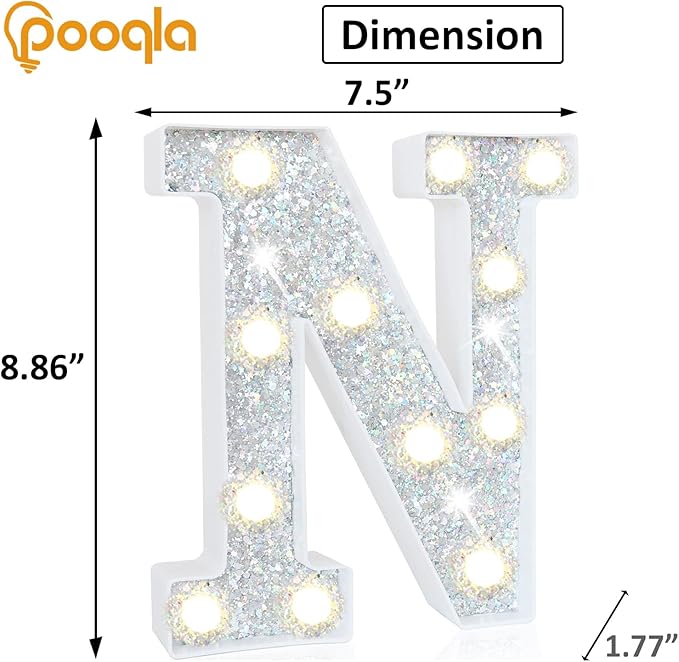 Pooqla Light Up Letters, LED Marquee Letters for Silver Birthday Decorations, Battery Powered Night Light Teenager Girl Room Decor, Gift for Girls Boys Wedding Bedroom Christmas Party Decor, Letter N
