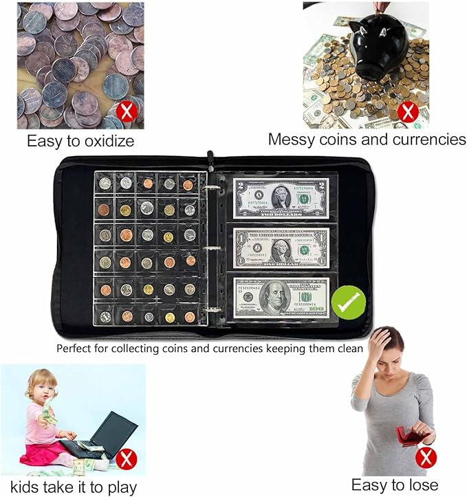 321 Pockets Fireproof Coin Collection Holder Album Book for Collectors, 312 Pockets Coins Collecting Album and 9 Sleeves Paper Money Coins Collecting Album for Coin Currency Collection Supplies, Stamp