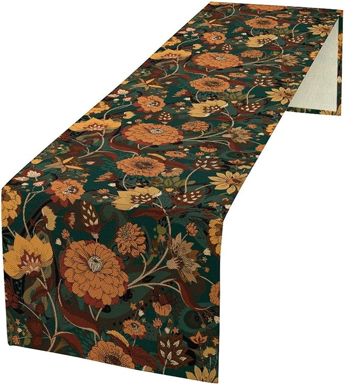 Orange Boho Floral Table Runner, Vintage Bohemian Home Kitchen Table Decoration for Birthday Party Picnic Decoration 13x70 Inch 1PCS