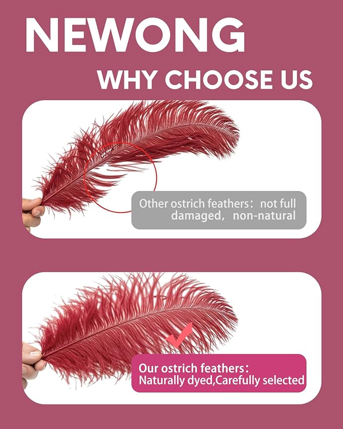 NEWONG 30pcs Wine red Ostrich Feathers Natural Bulk 9-12in（23-30cm） Vase Craft Wedding Home Party Centerpieces Christmas Day Decoration