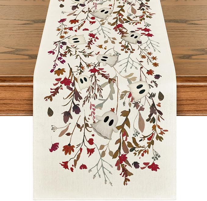 Artoid Mode Ghost Flowers Leaves 210 GSM Halloween Table Runner,Seasonal Fall Kitchen Dining Table Decoration for Home Party Decor 13x60 Inch