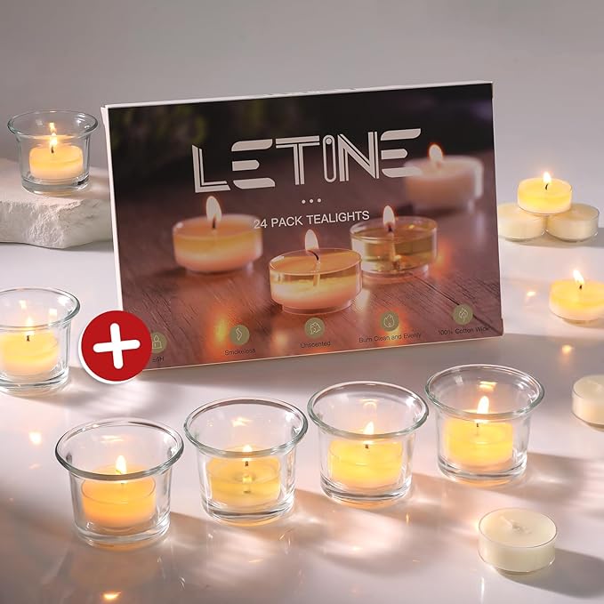 LETINE 24pcs Clear Tealight Candle Holder & 24pcs White, Smokeless, Unscented Soy Wax Tea Candles - Votive Candle Holders, Tea Lights Candles for for Fall Decorations,Weddings Decor