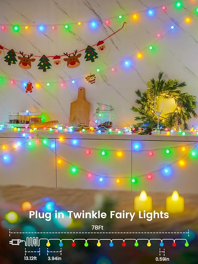 78ft Smart Color Changing Christmas Lights, 200 LED RGB Globe String Lights App Control with Remote & Timer, Music Sync Fairy Light Plug in Waterproof for Christmas Decoration Indoor Outdoor Bedroom