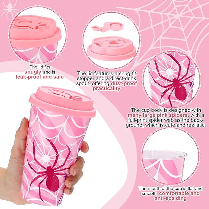Yungyan 24 Sets Pink Spider Party Favors Goodie Cups with Lids and Straws for Halloween Party Decorations Reusable 16oz Plastic Candy Cups Plastic Straws for Birthday Gift (Pink Spider)