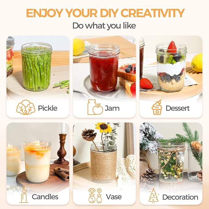 ComSaf Wide Mouth Mason Jars 16 oz with lids - 4 Pack, Pint Mason Jars with Seal Bands, Glass Canning Jars for Honey, Jam, Jelly, Coffee, Salad, Desert, Shower Wedding Favors, DIY Candles Decor