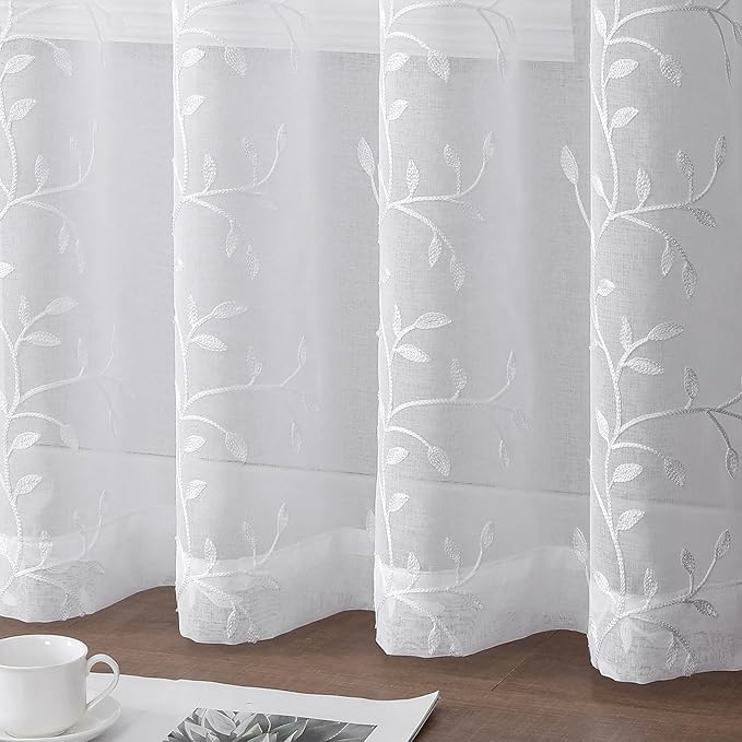 VISIONTEX White Sheer Voile Curtains, Decorative Leaves Embroidery Faux Linen Rod Pocket Window Drapes for Home Kitchen, Living Room and Bedroom 54 x 95 Inch, Set of 2 Curtain Panels