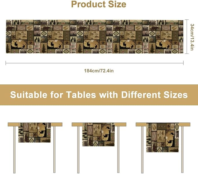 Vintage Deer Bear Table Runner, Fish Retro Farmhouse Cabin Lake Country Lodge Table Runner for Home Dinner Kitchen Living Room, 13x60 Inch