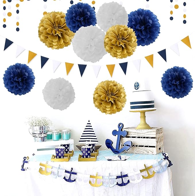 Navy-Blue White Gold Paper Flowers - 15pcs 5 Size Tissue Paper Pom-Poms,Men Birthday Graduation Bachelorette Decorations Baby Boy Room Hanging Decor Engagement Party Backdrop Decoration Panduola