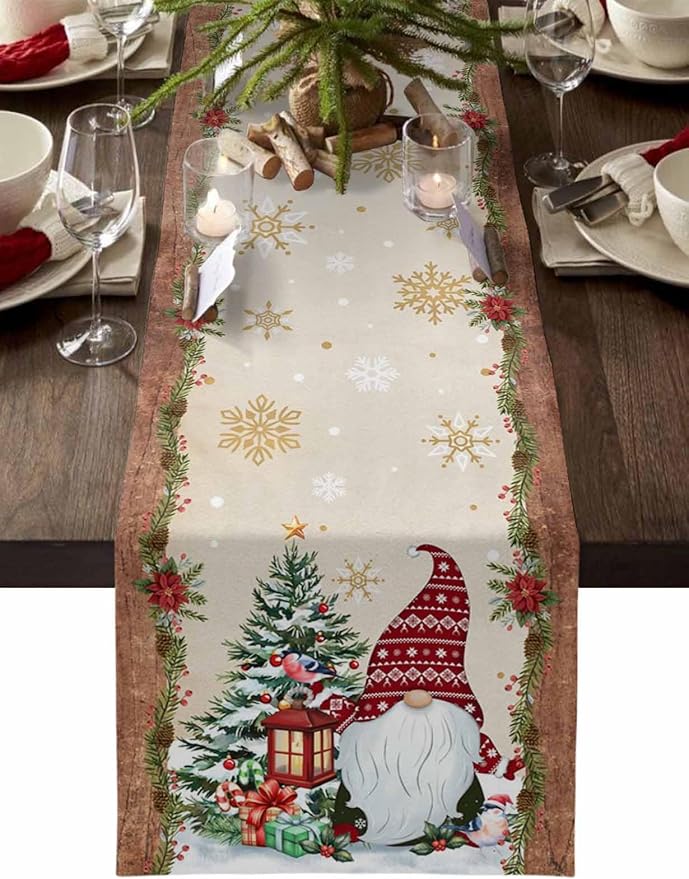 Christmas Gnomes Cotton Linen Table Runner for Dining Kitchen, Xmas Pine Tree Snowflake Rustic Wedding Outdoor Party Tablerunners Decoration, Retro Wood Dresser Scarf Tablecloth Runners 13x120 Inches