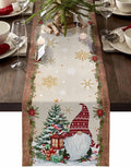 Christmas Gnomes Cotton Linen Table Runner for Dining Kitchen, Xmas Pine Tree Snowflake Rustic Wedding Outdoor Party Tablerunners Decoration, Retro Wood Dresser Scarf Tablecloth Runners 13x60 Inches