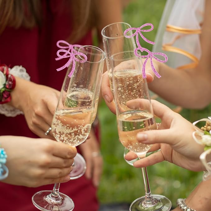50 Pcs Bows Drink Tags Coquette Bow Wine Glass Charms Acrylic Bowknot Drink Tag for Bachelorette Birthday Wedding Coquette Tasting Party Decor Accessory(Glittery Pink)