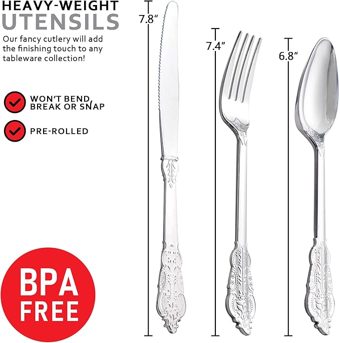 400PCS Pre Rolled Silver Plastic Silverware Sets - Heavy Duty Fancy Silver Cutlery - Include 100 Pack Wrapped Disposable Utensils with Napkins for Parties, Dinners & Weddings