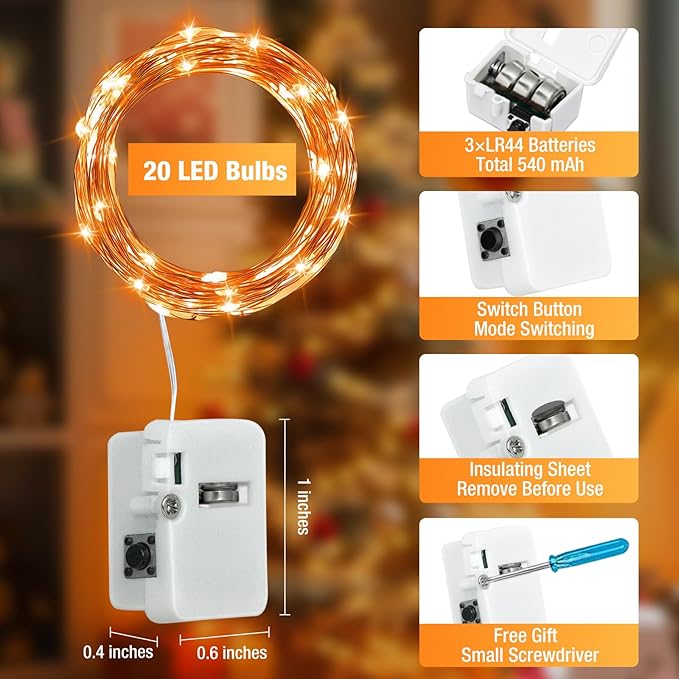 12 Pack Fairy Lights Battery Operated - 7ft 20 Led Twinkle Lights 3 Modes, Bulk Mini String Lights Waterproof for Mason Jars Vases DIY Party Wedding Decoration Christmas -Orange